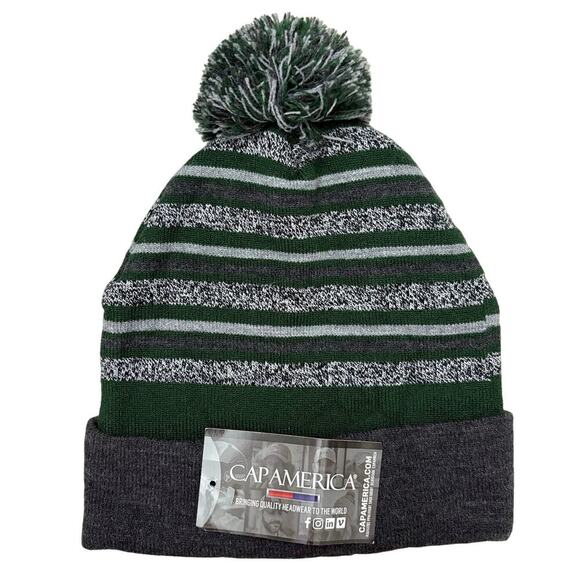 CapAmerica Rugby Ice Hawks Hockey Pom Beanie Green Gray Knit Hat NWT Winter ❄️ - Picture 3 of 6